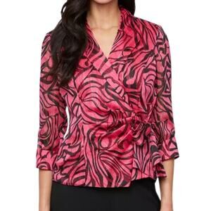 Alex Evenings Fuchsia Pink Black Metallic Print Blouse 3/4 Sleeve Wrap Top Small